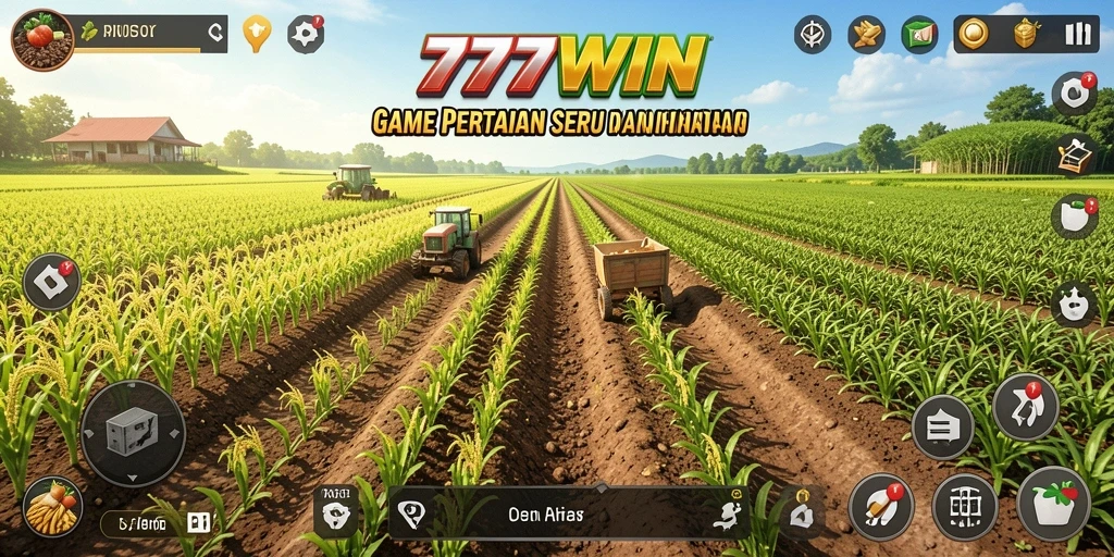 Screenshot gameplay 777WIN yang menunjukkan ladang pertanian yang subur.